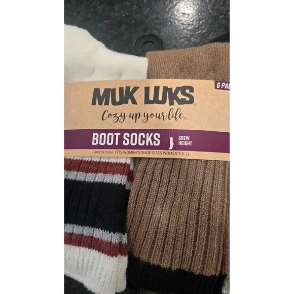 Muk Luks Women's Boot Socks 6 Pack Crew Height Brown Black White Striped 6-11 - Picture 2 of 3